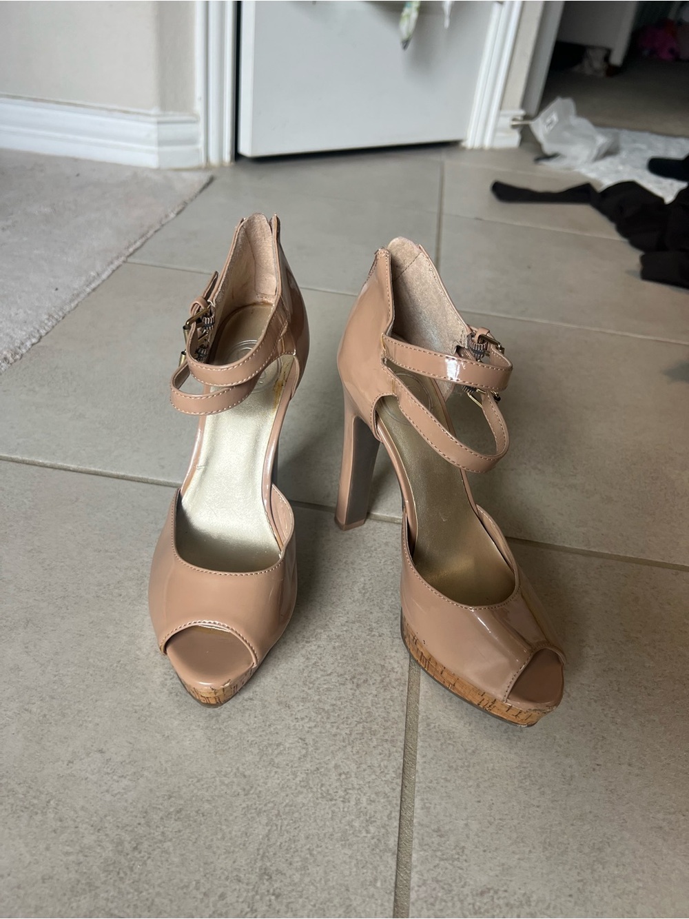 Jessica Simpson Nude Patent Peep-Toe Platform Heels with Ankle Straps